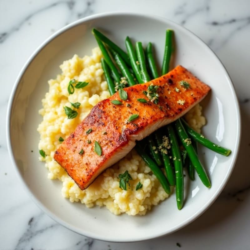 Seared Salmon with Garlic Green Beans and Cauliflower Mash