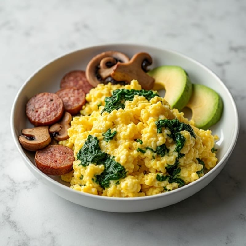 Egg White Scramble with Spinach, Mushrooms and Turkey Sausage