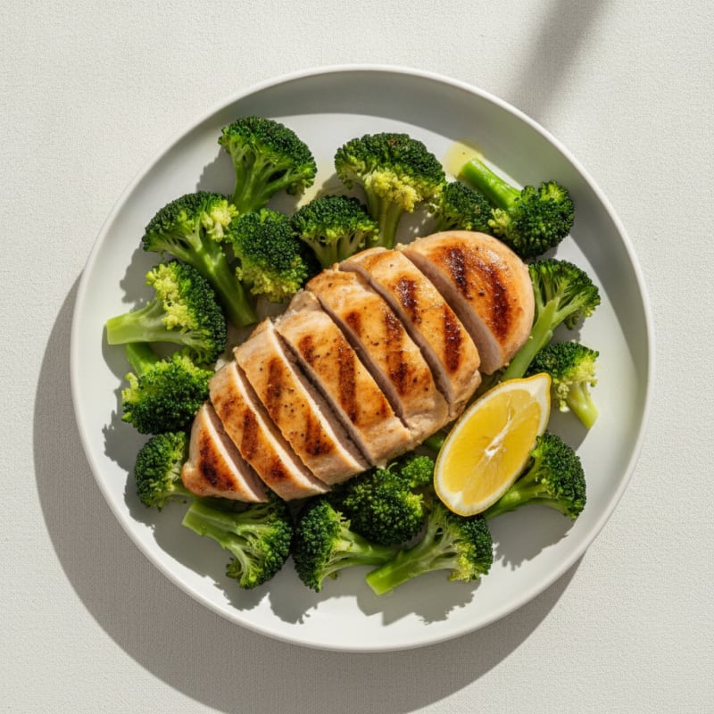 Grilled Chicken Breast with Steamed Broccoli and Lemon
