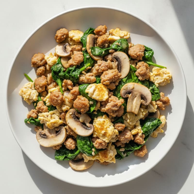 Egg White Spinach Scramble with Turkey Sausage and Sautéed Mushrooms