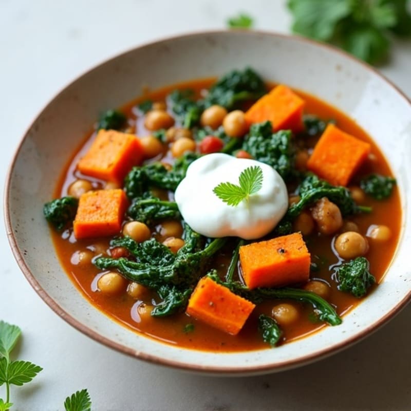 Lentil and Chickpea Stew with Wilted Spinach and Roasted Sweet Potato