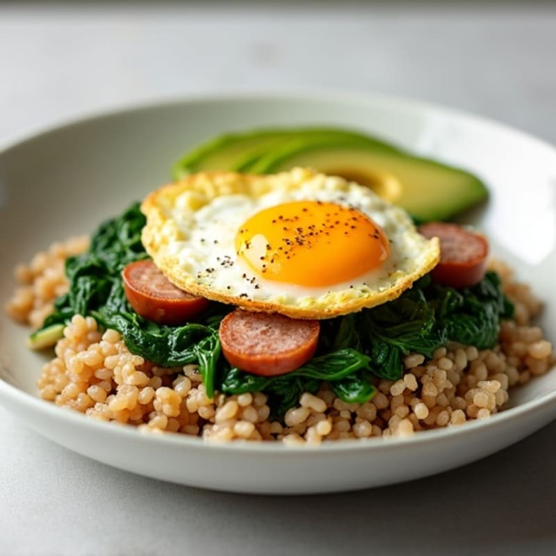 Egg White Scramble with Turkey Sausage and Sautéed Spinach over Brown Rice with Avocado
