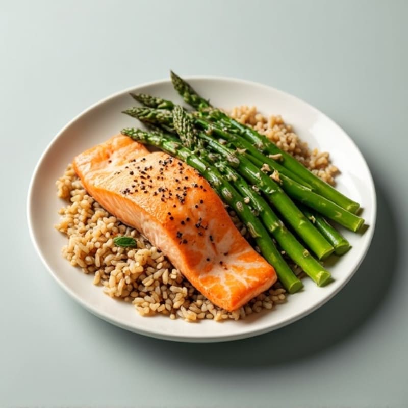 Seared Salmon with Steamed Asparagus and Brown Rice