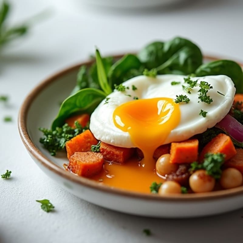 Poached Egg with Crispy Sweet Potato Hash and Sautéed Greens