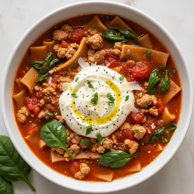 Hearty Lasagna Soup with Ricotta Swirl