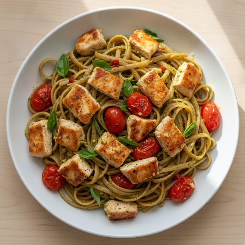 Pesto Chicken Linguine with Blistered Tomatoes