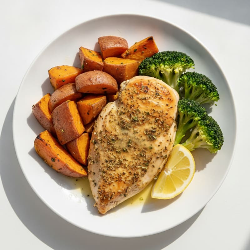 Herb-Baked Chicken Breast with Roasted Sweet Potatoes and Steamed Broccoli