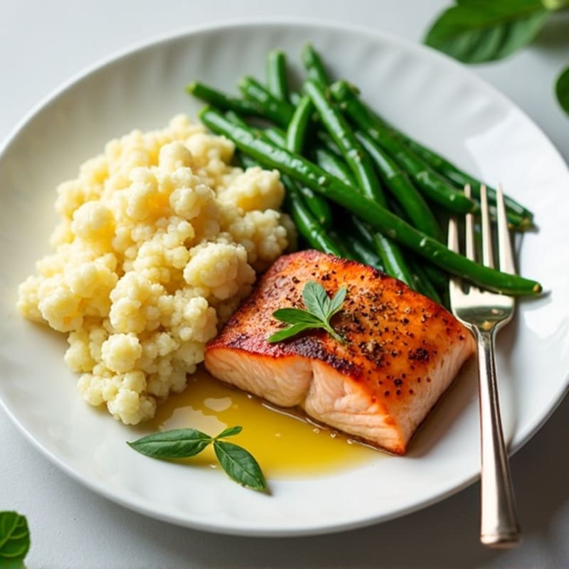 Seared Salmon with Steamed Green Beans and Garlic Mashed Cauliflower