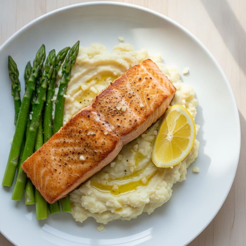 Seared Salmon Fillet with Steamed Asparagus and Garlic Mashed Cauliflower