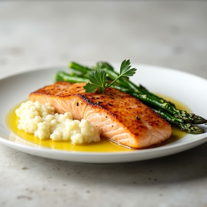 Seared Salmon with Steamed Asparagus and Cauliflower Mash