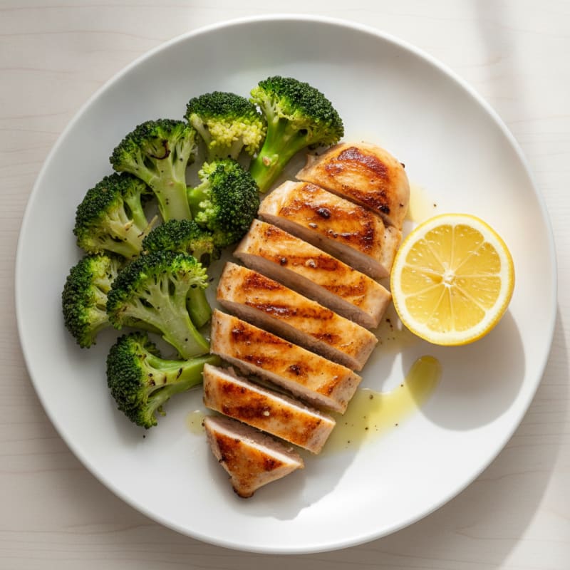 Grilled Chicken Breast with Steamed Broccoli and Lemon