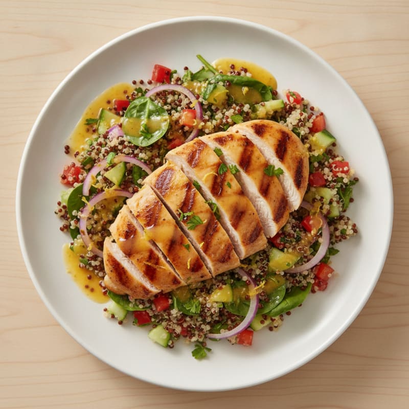 Grilled Chicken Breast with Crunchy Quinoa Salad and Lemon Vinaigrette