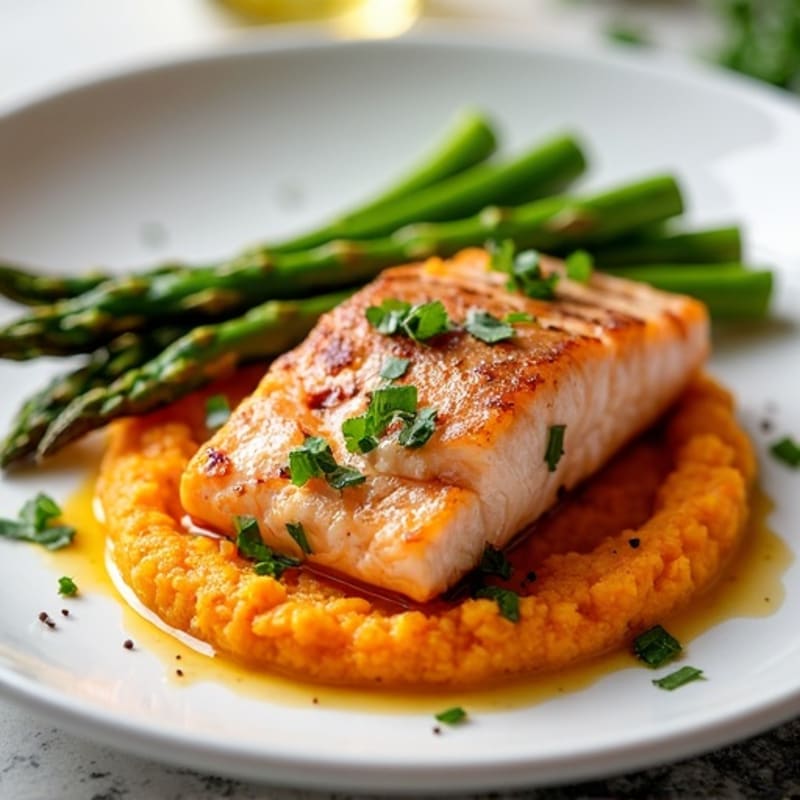 Grilled Salmon Fillet with Steamed Asparagus and Sweet Potato Mash