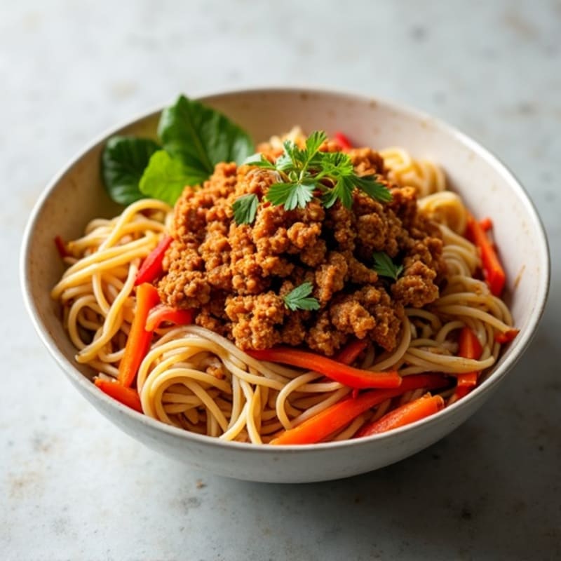Spicy Ginger-Garlic Ground Pork Noodle Bowl
