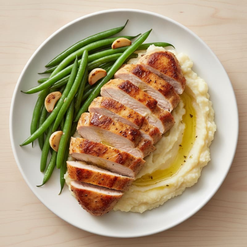 Seared Turkey Breast with Steamed Green Beans and Cauliflower Mash