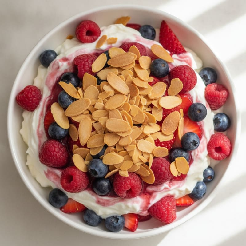 Greek Yogurt Protein Parfait with Mixed Berries and Almonds
