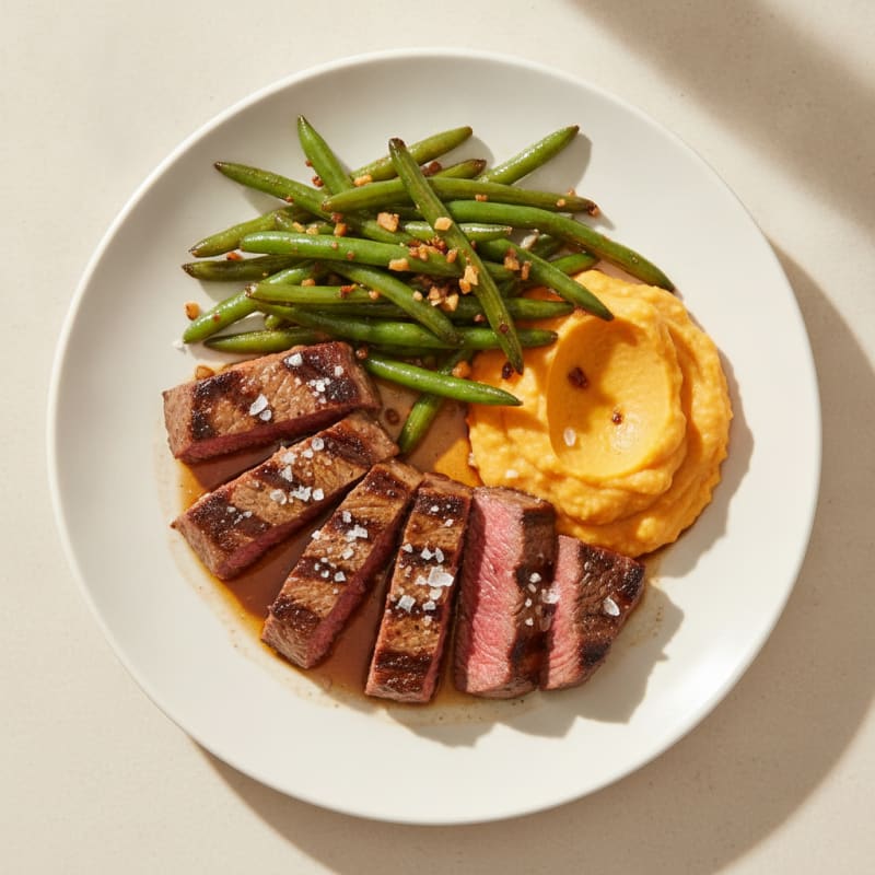 Seared Steak Strips with Garlic Green Beans and Sweet Potato Mash