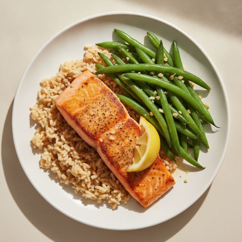 Seared Salmon Fillet with Garlic Green Beans and Brown Rice