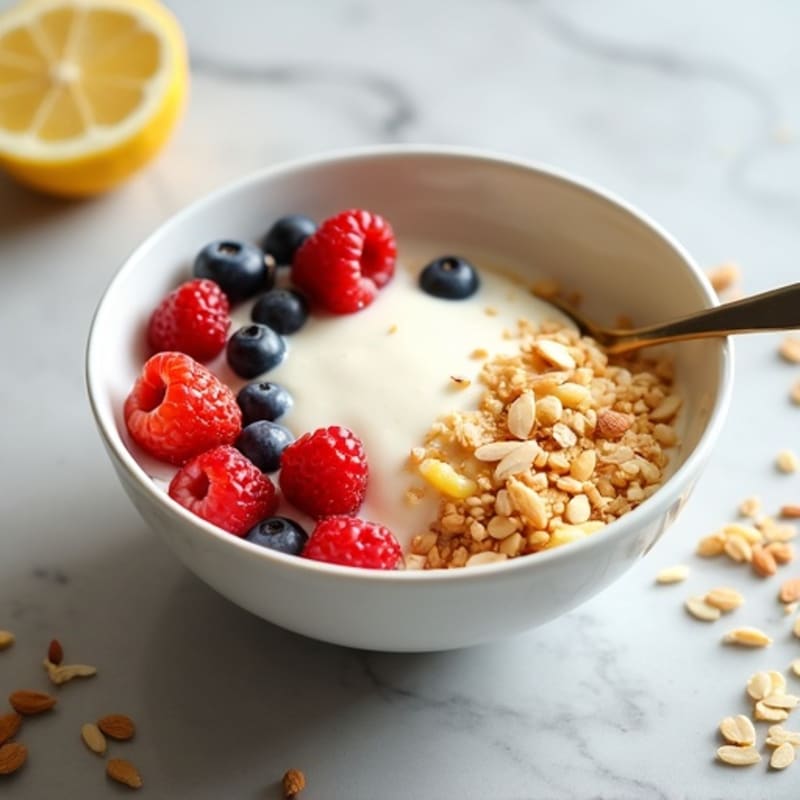 Creamy Lemon-Vanilla Protein Yogurt Bowl with Crunchy Almond Crumble and Fresh Berries
