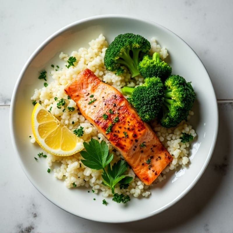 Seared Salmon with Steamed Broccoli and Herb Cauliflower Rice