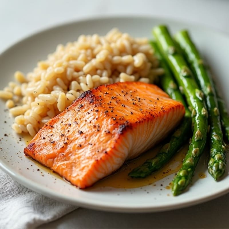 Seared Salmon with Steamed Asparagus and Brown Rice