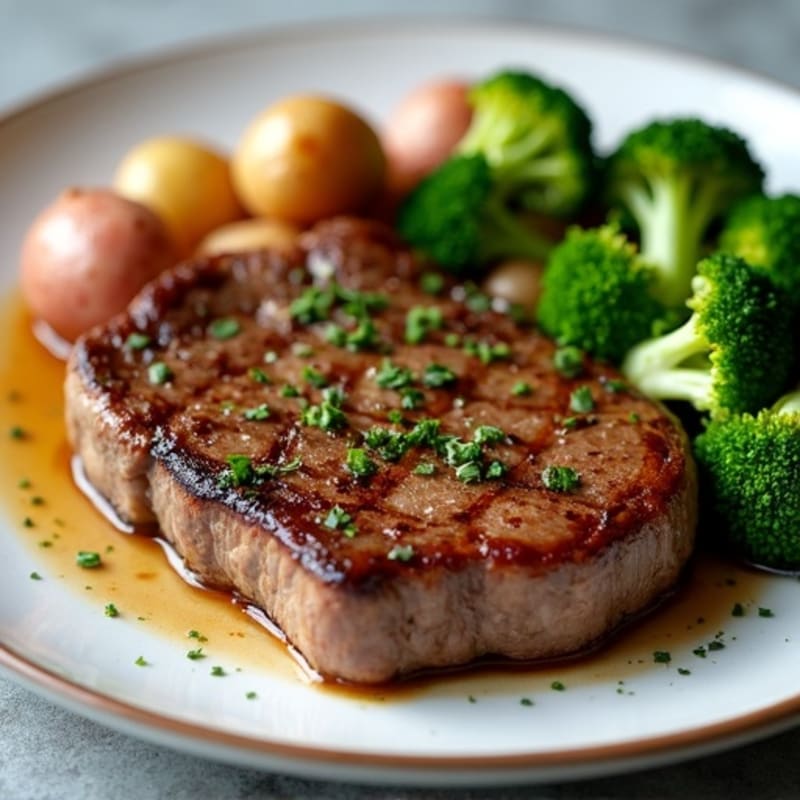 Seared Sirloin with Roasted Garlic Potatoes and Steamed Broccoli
