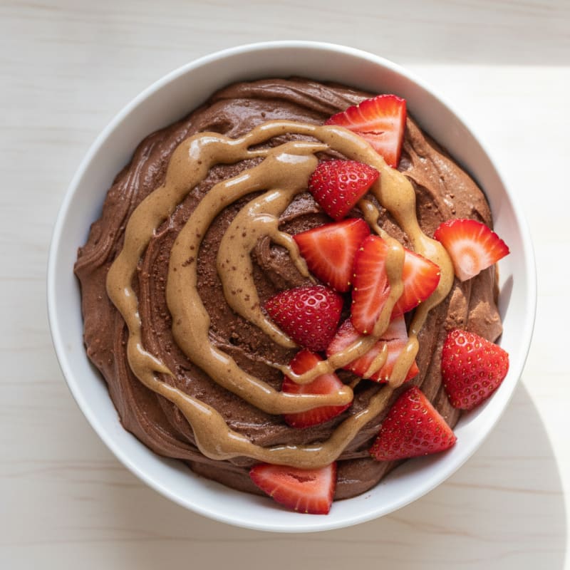 Protein Chocolate Mousse with Almond Butter and Sliced Strawberries