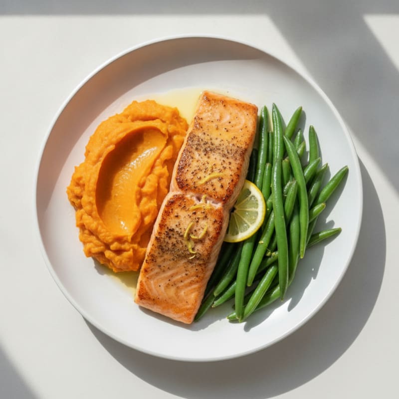 Seared Salmon with Steamed Green Beans and Sweet Potato Mash