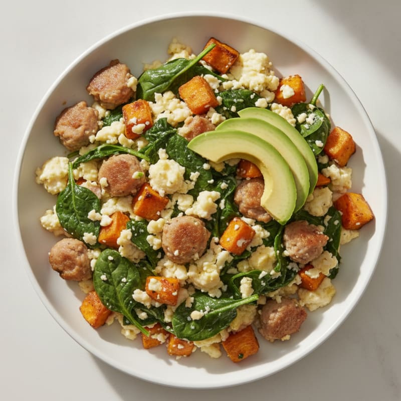Egg White and Spinach Scramble with Turkey Sausage