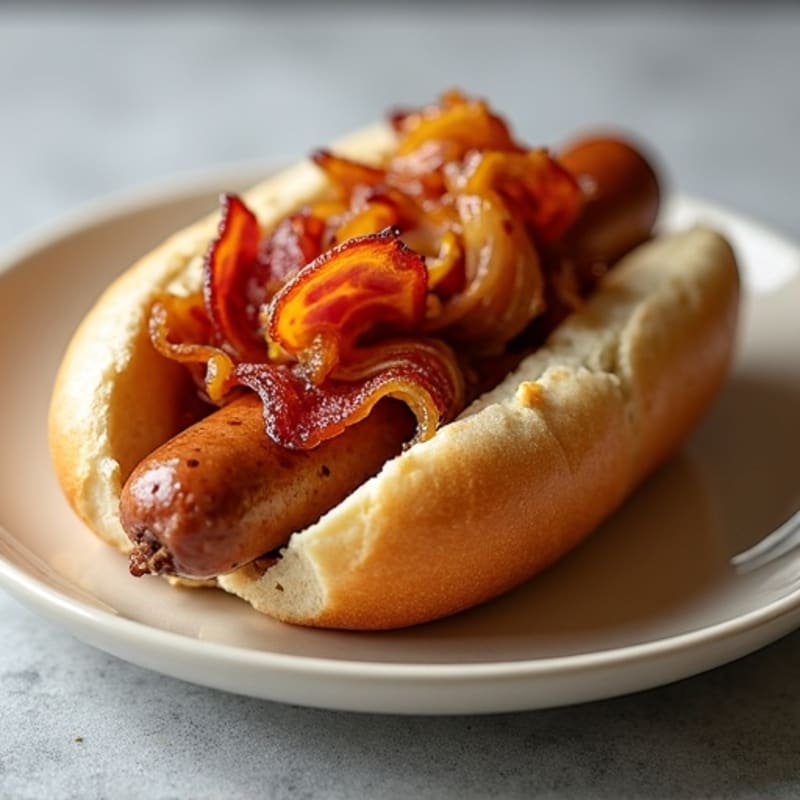 Lean Turkey Dogs with Turkey Bacon and Caramelized Onions