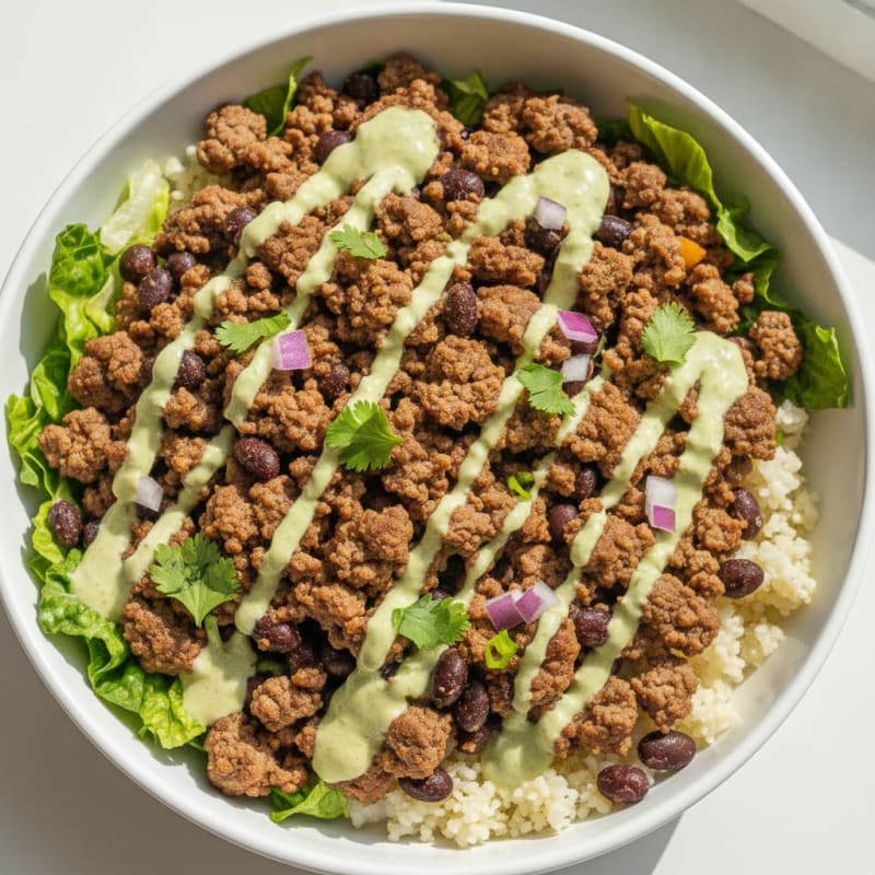 Ground Beef Taco Bowl with Lime Crema