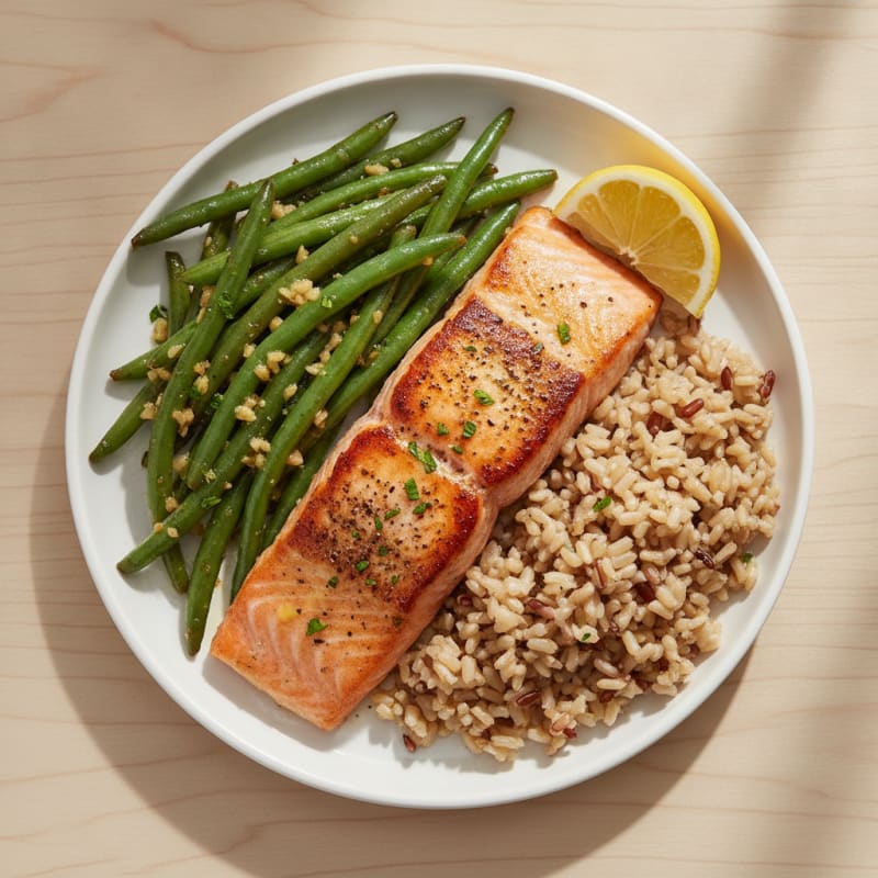 Seared Salmon with Garlic Green Beans and Brown Rice