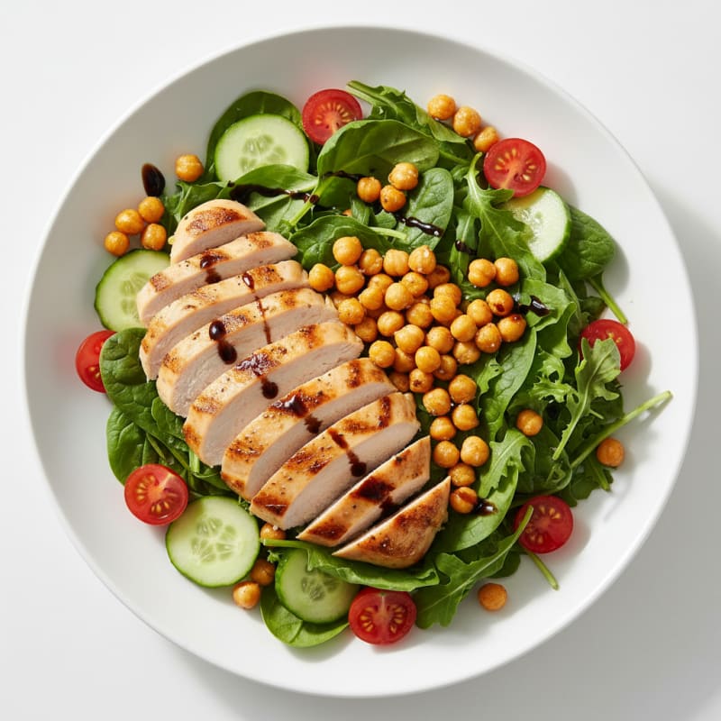 Grilled Chicken Breast Salad with Crunchy Chickpeas and Mixed Greens