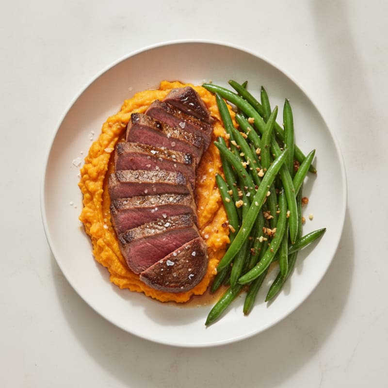 Seared Lean Beef with Garlic Green Beans and Sweet Potato Mash