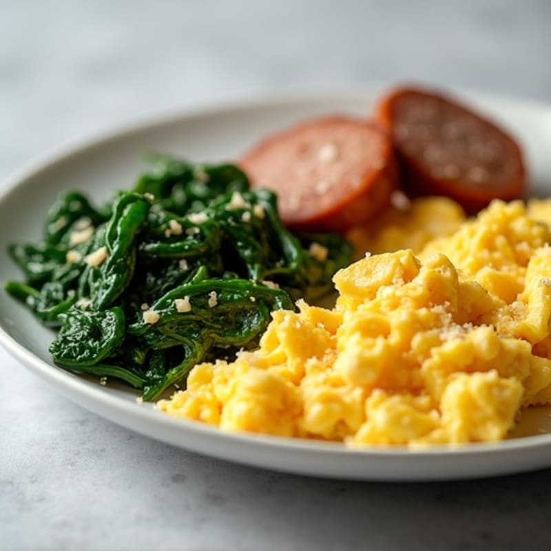 Creamy Scrambled Eggs with Turkey Sausage and Sautéed Spinach