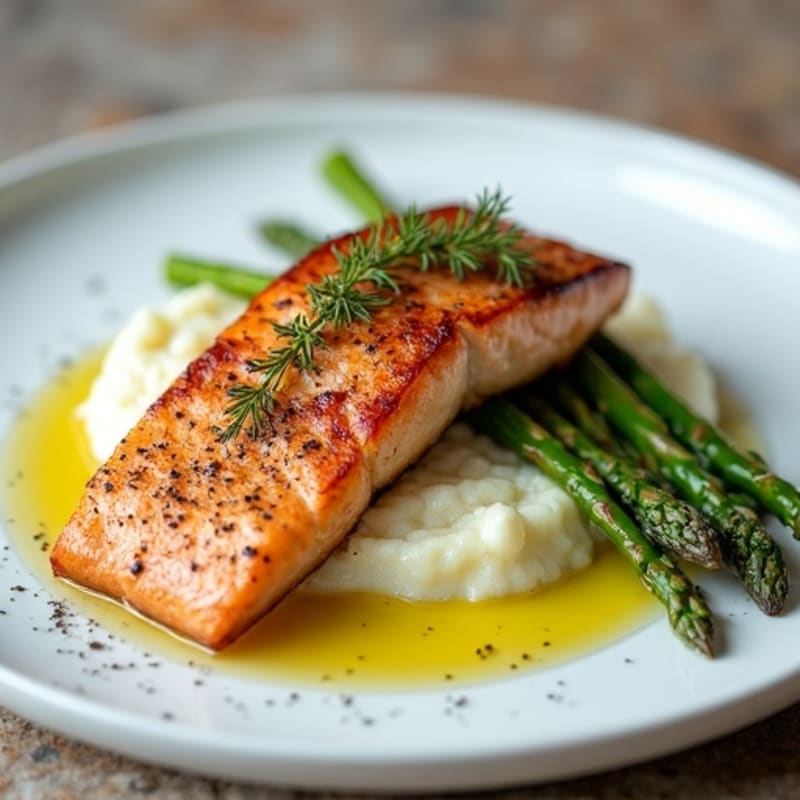 Seared Salmon with Roasted Asparagus and Cauliflower Mash