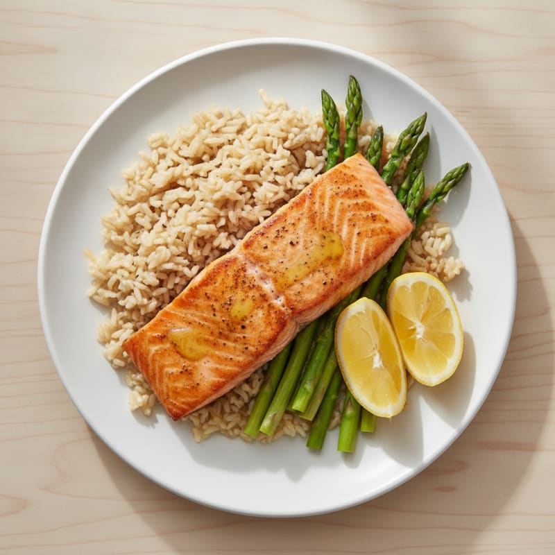 Seared Salmon with Steamed Asparagus and Brown Rice