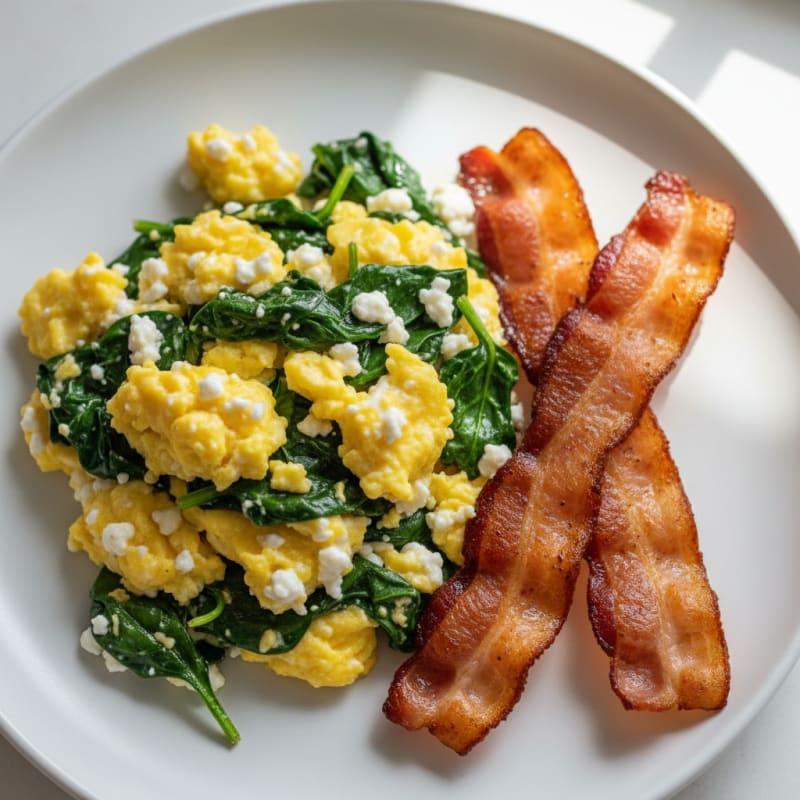 Cottage Cheese Egg Scramble with Sautéed Spinach and Turkey Bacon