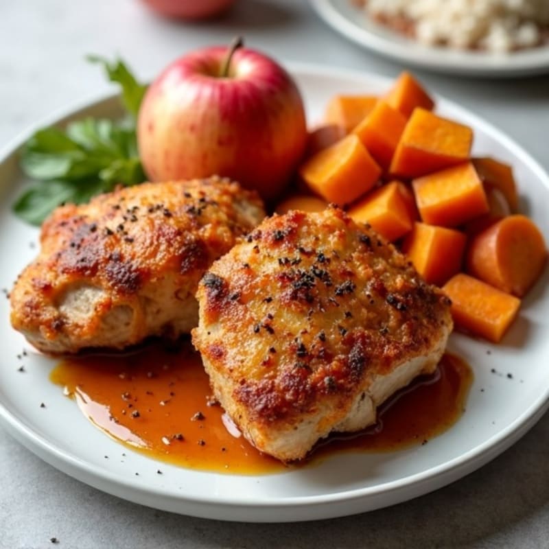 Crispy Spiced Chicken Thighs with Roasted Sweet Potatoes and Cinnamon Apples