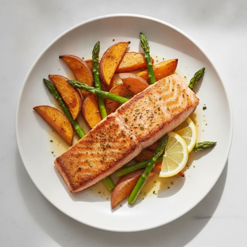 Seared Salmon Fillet with Roasted Sweet Potatoes and Asparagus