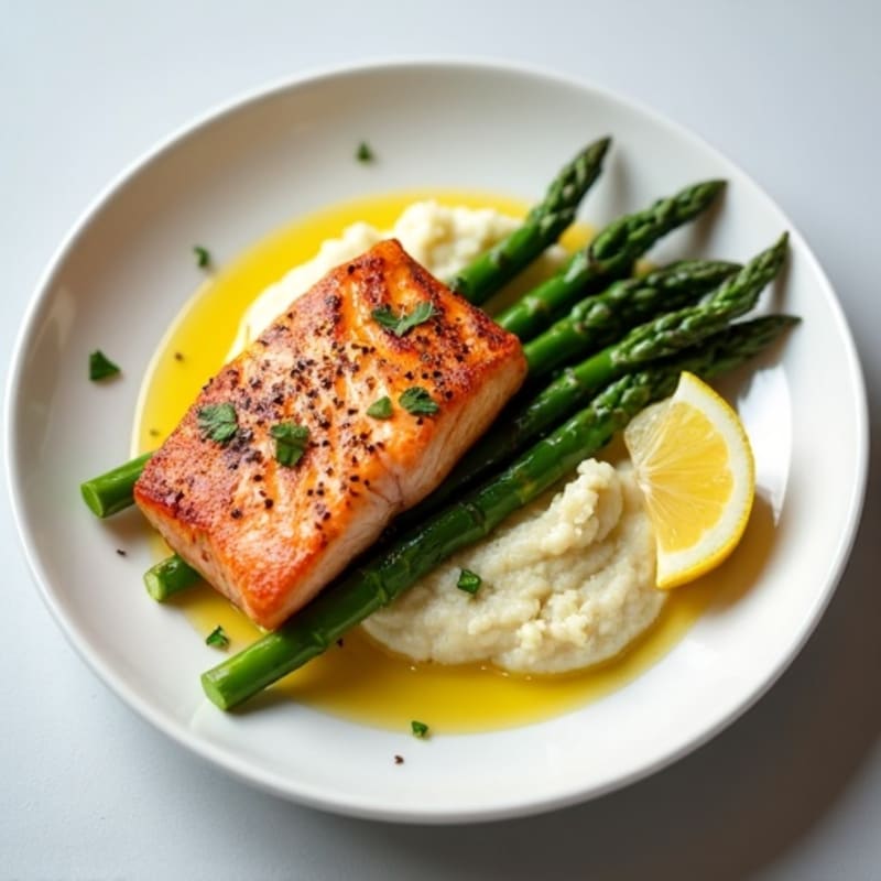 Seared Salmon with Steamed Asparagus and Cauliflower Mash