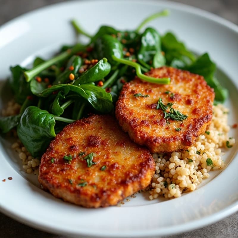 Seared High-Protein Seitan with Sautéed Greens and Quinoa
