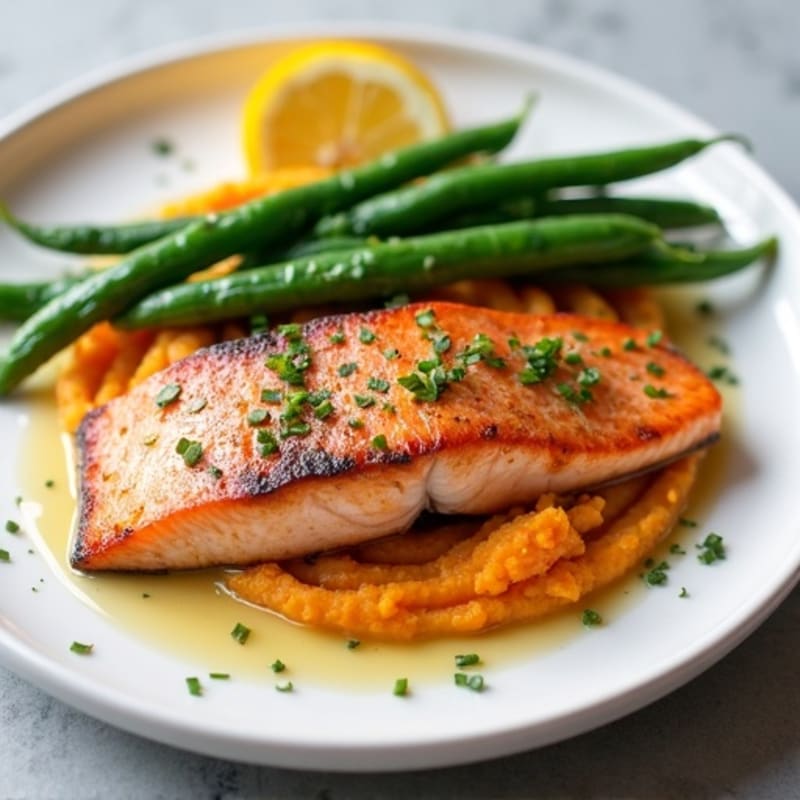 Seared Salmon with Garlic Green Beans and Sweet Potato Mash