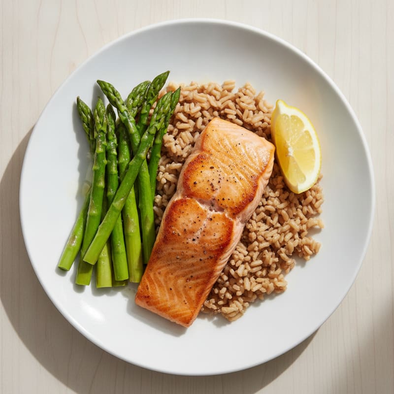 Seared Salmon Fillet with Steamed Asparagus and Brown Rice
