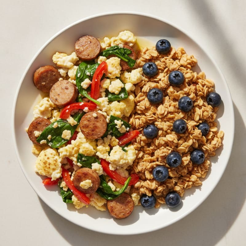 Egg White Veggie Scramble with Turkey Sausage and Toasted Oats