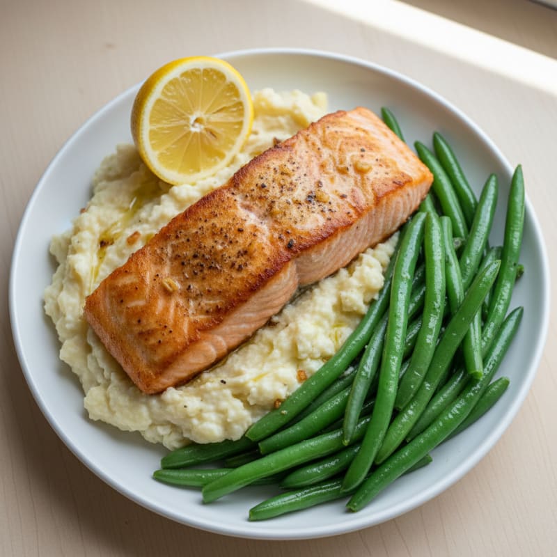 Seared Salmon with Steamed Green Beans and Garlic Mashed Cauliflower