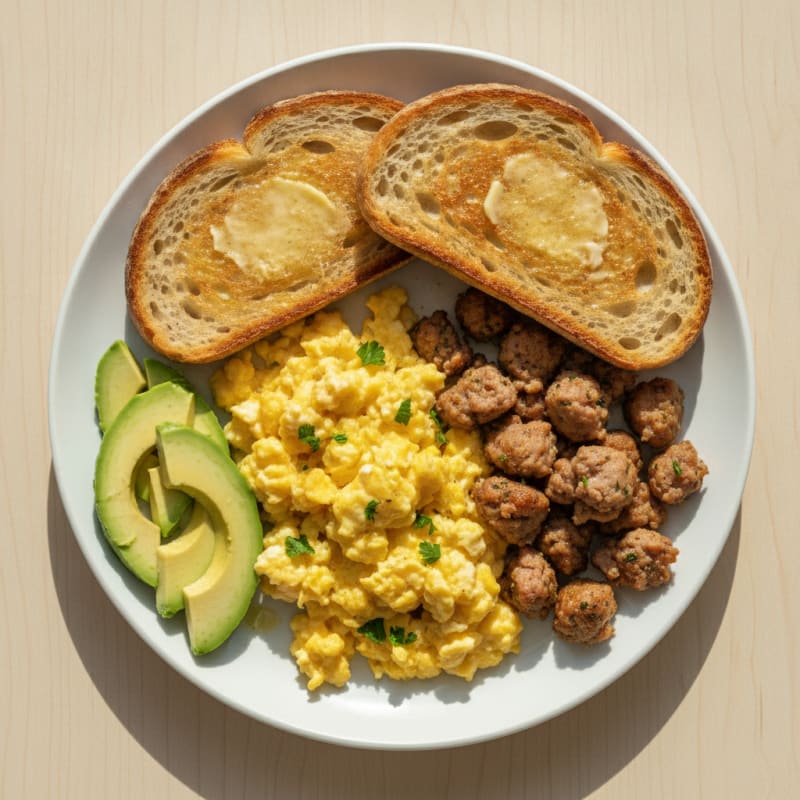 Scrambled Eggs with Turkey Sausage and Toasted Sourdough