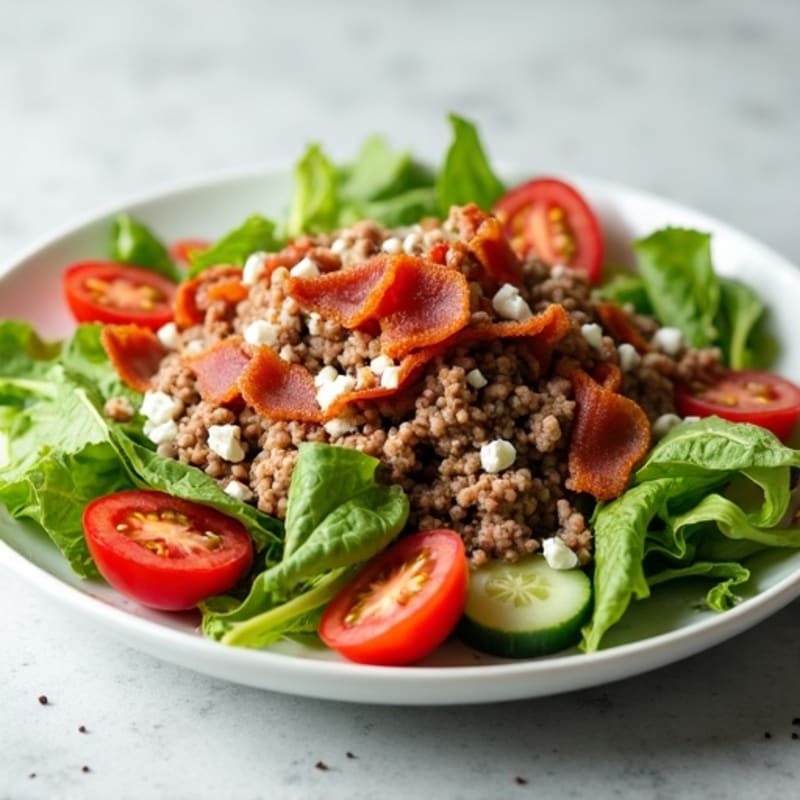Lean Ground Beef and Crispy Bacon Salad with Creamy Cheese Dressing