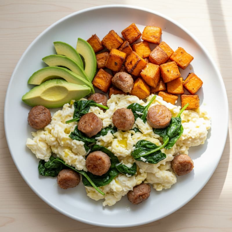 Egg White Scramble with Turkey Sausage and Spinach