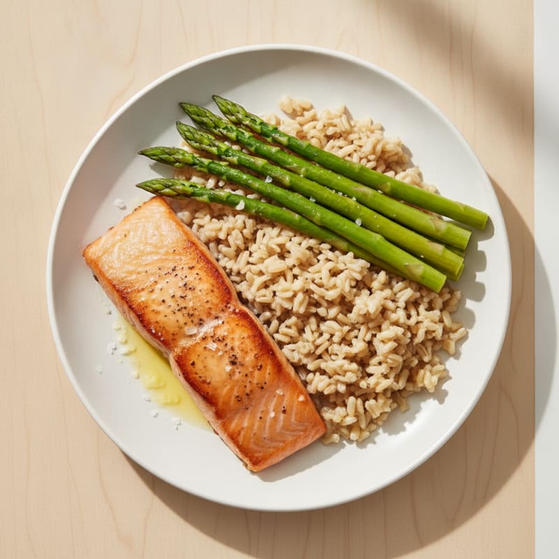 Seared Salmon with Steamed Asparagus and Brown Rice